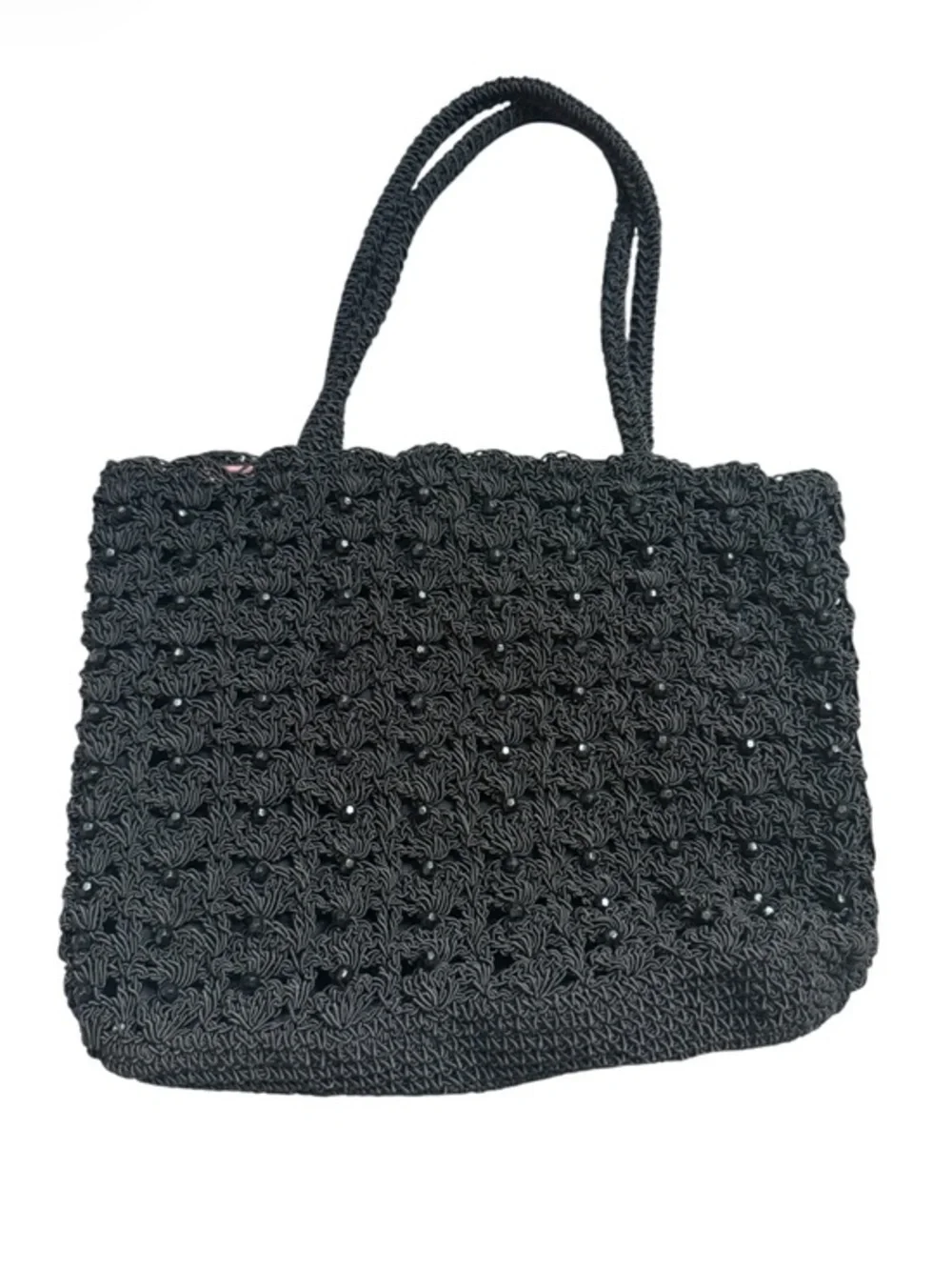 Arabella Vintage Black Beaded Crochet Cord Tote Bag Boho Glam Evening‎ Small
